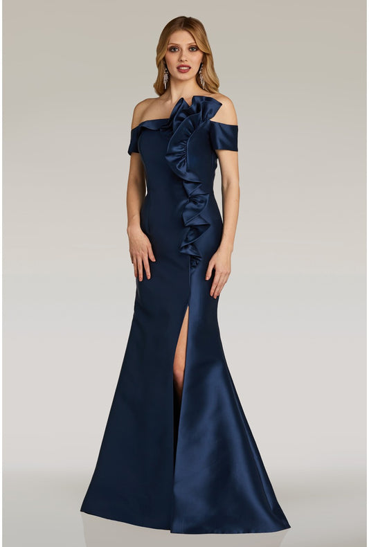 Gia Franco 12313 Off-Shoulder Mikado Mermaid Evening Dress - A stunning gown featuring an off-shoulder neckline, ruffle trim accent, mermaid silhouette, and slit for elegance and allure.