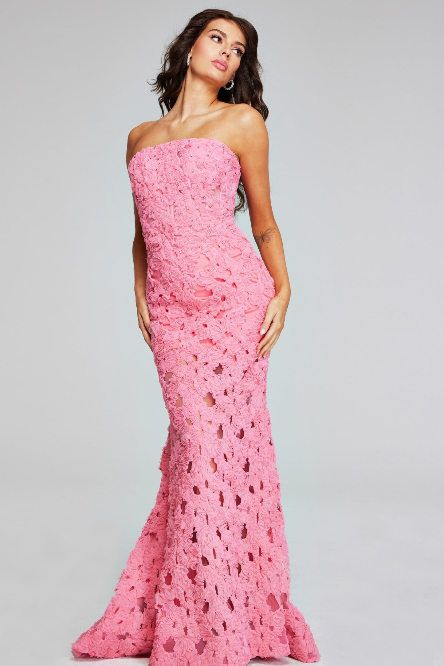 Jovani 40744 Pink Floral Mermaid Gown - Strapless and embroidered with flowers, ideal for formal evenings.