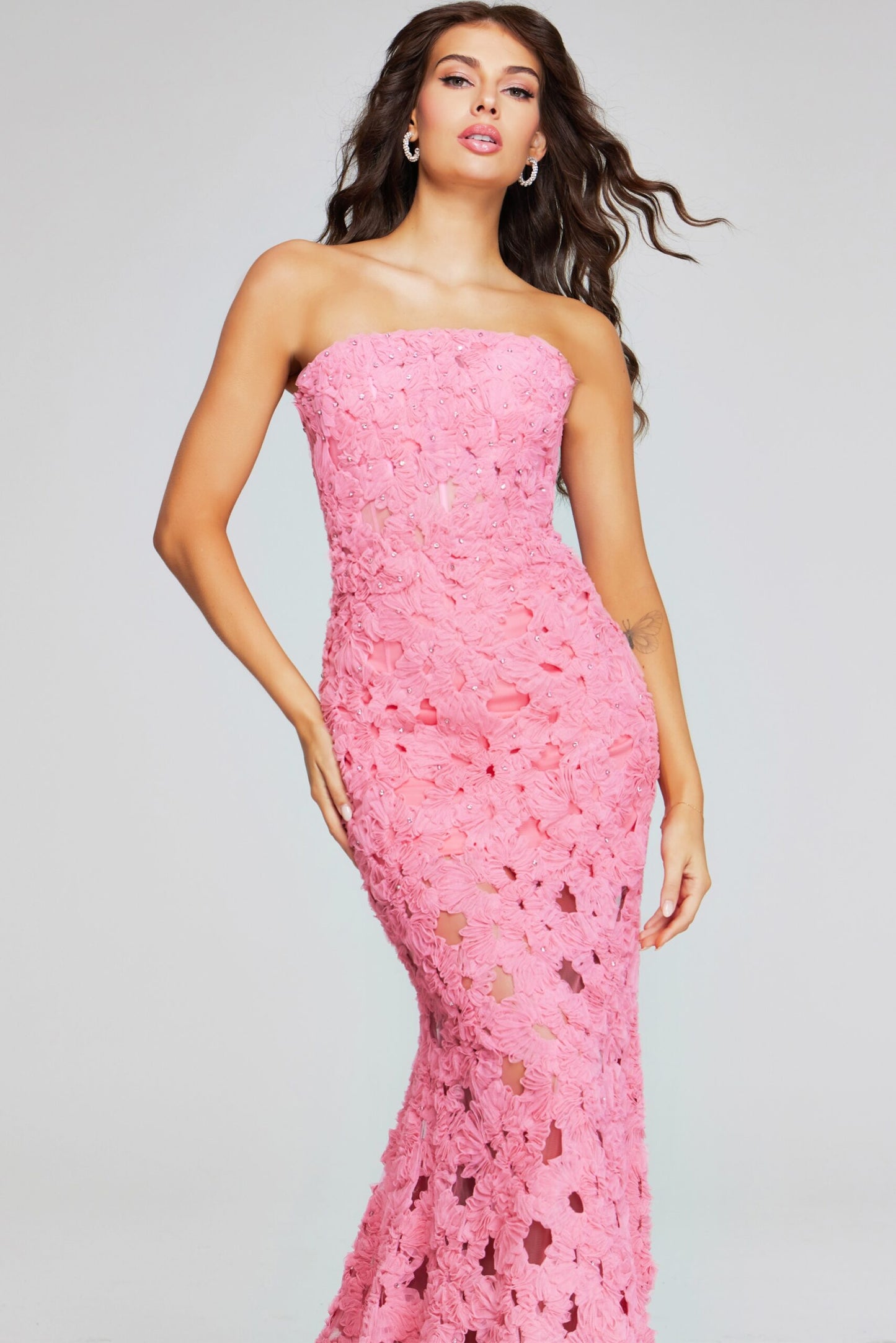 Jovani 40744 Pink Floral Mermaid Gown - Strapless and embroidered with flowers, ideal for formal evenings.