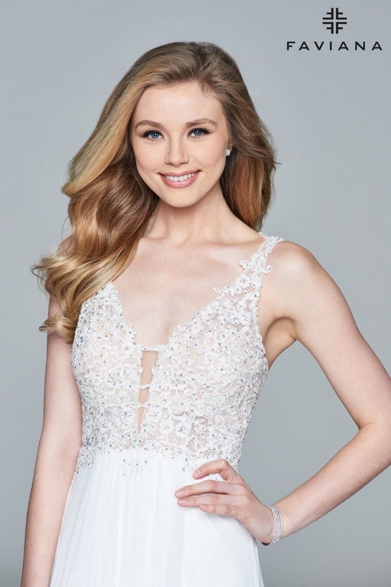 Faviana 8000 Long Mesh V-Neck Dress with Lace Appliqué - Long mesh dress with v-neckline and delicate lace appliqué.