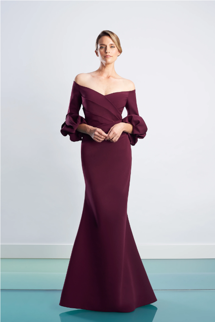 Alexander by Daymor 1478 Off-Shoulder Evening Gown in Wine. Front View