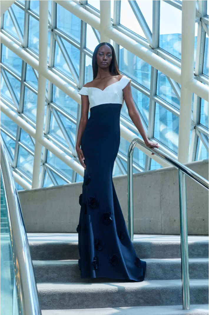 Greta Constantine Goro Off-the-Shoulder V-Neck Empire Waist Gown with Floral Appliqué