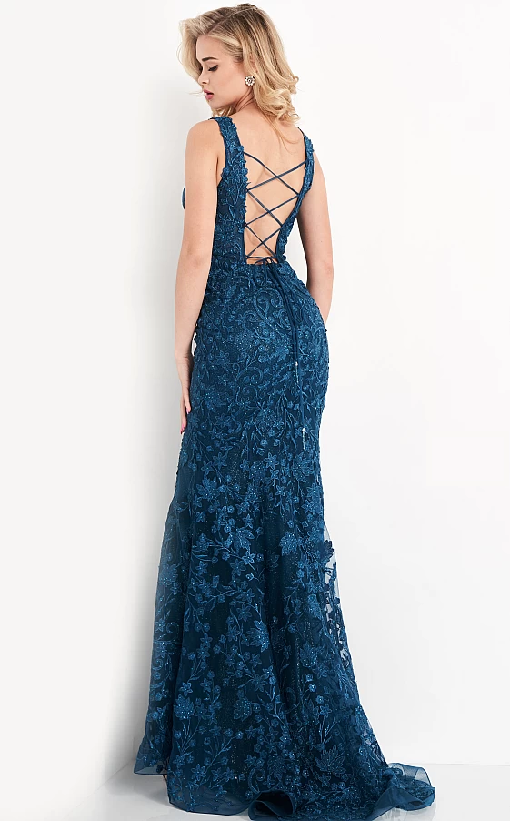 JVN04591 Embroidered Tulle Prom Dress - Elegant sleeveless prom dress with glitter underlay, low V neckline, and open lace-up back, perfect for prom night. Dress is color teal.