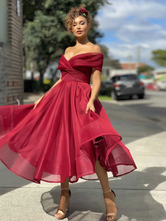 Jadore JX4003 A-Line Tulle Evening Midi Dress - A sophisticated A-line midi dress with a strapless, off-the-shoulder neckline and contrasting V-neckline, perfect for any evening occasion.