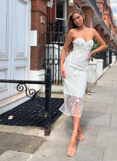 Jadore JX6095 3D Floral Strapless Midi Cocktail Dress - A stunning strapless midi cocktail dress featuring a heart-shaped neckline and a beautiful 3D lace floral pattern covering the entire dress, with an open back and mid-length back slit.