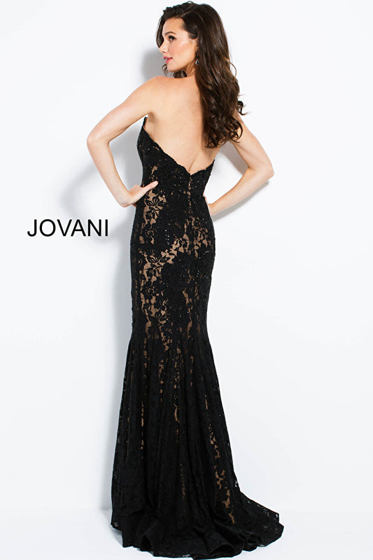 Jovani 37334 - An elegant embellished lace evening dress with a bodycon silhouette, strapless fitted bodice, and a sweeping train, ideal for prom and formal evening events.