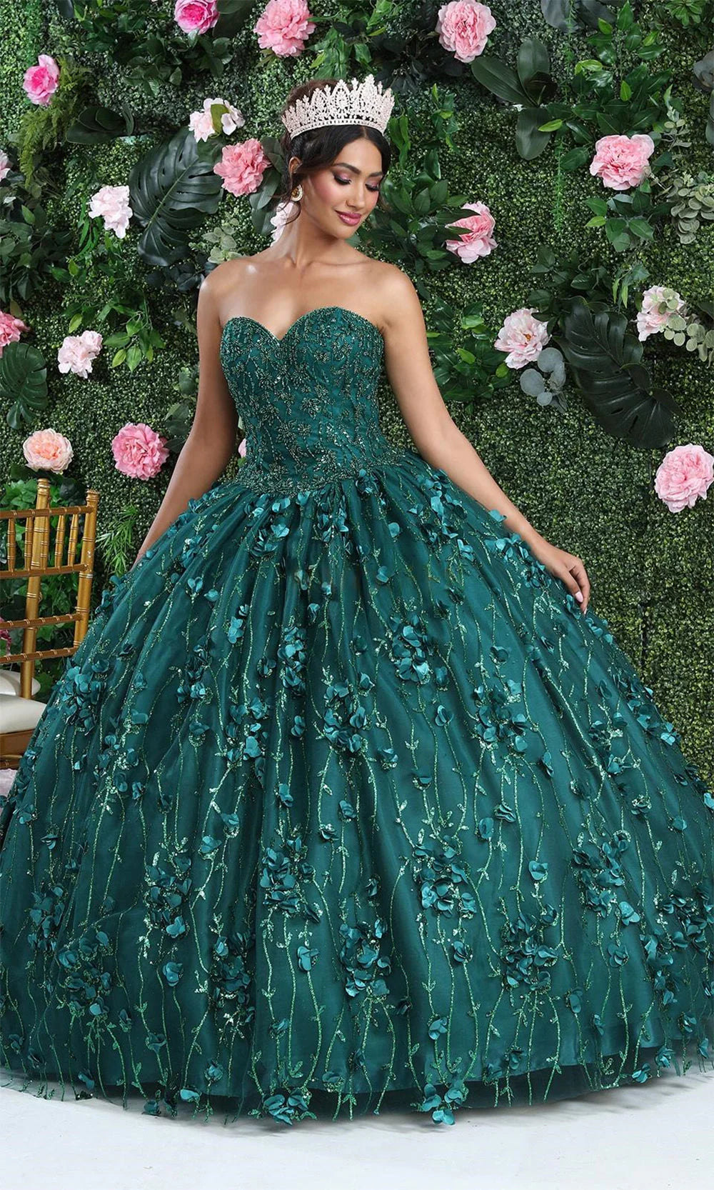 May Queen LK217 Strapless Sweetheart Tulle Quinceañera Gown with beaded appliqués and 3D floral petals. Hunter Green pictured.