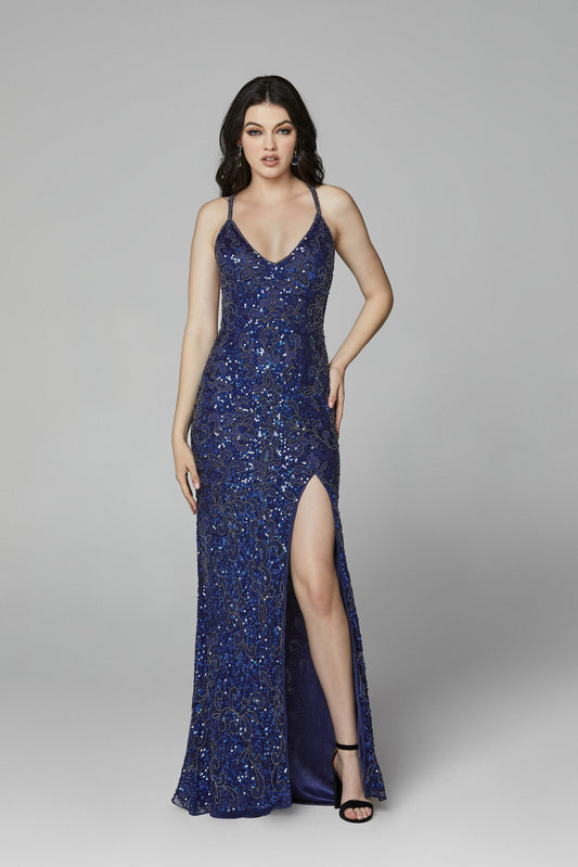 Primavera 3295 Sparkling V-Neck Prom Gown, fully embellished with a thigh-high slit and criss-cross back detailing for a glamorous look. Ideal for making a statement at prom.