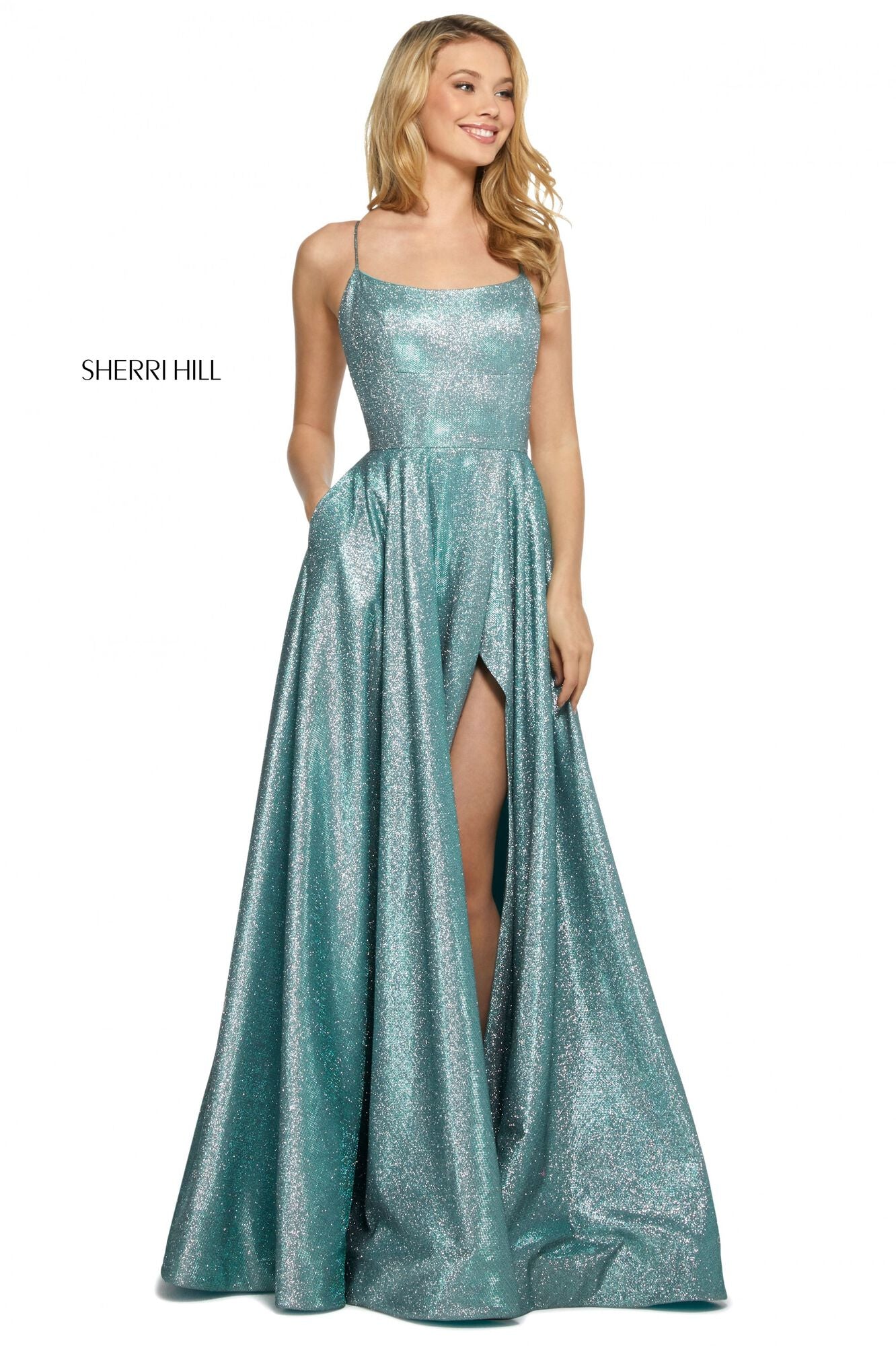 Sherri Hill 53118 Glitter Gown - Elegant gown with strappy lace-up back, high slit, and shimmering fabric, perfect for prom and evening events.