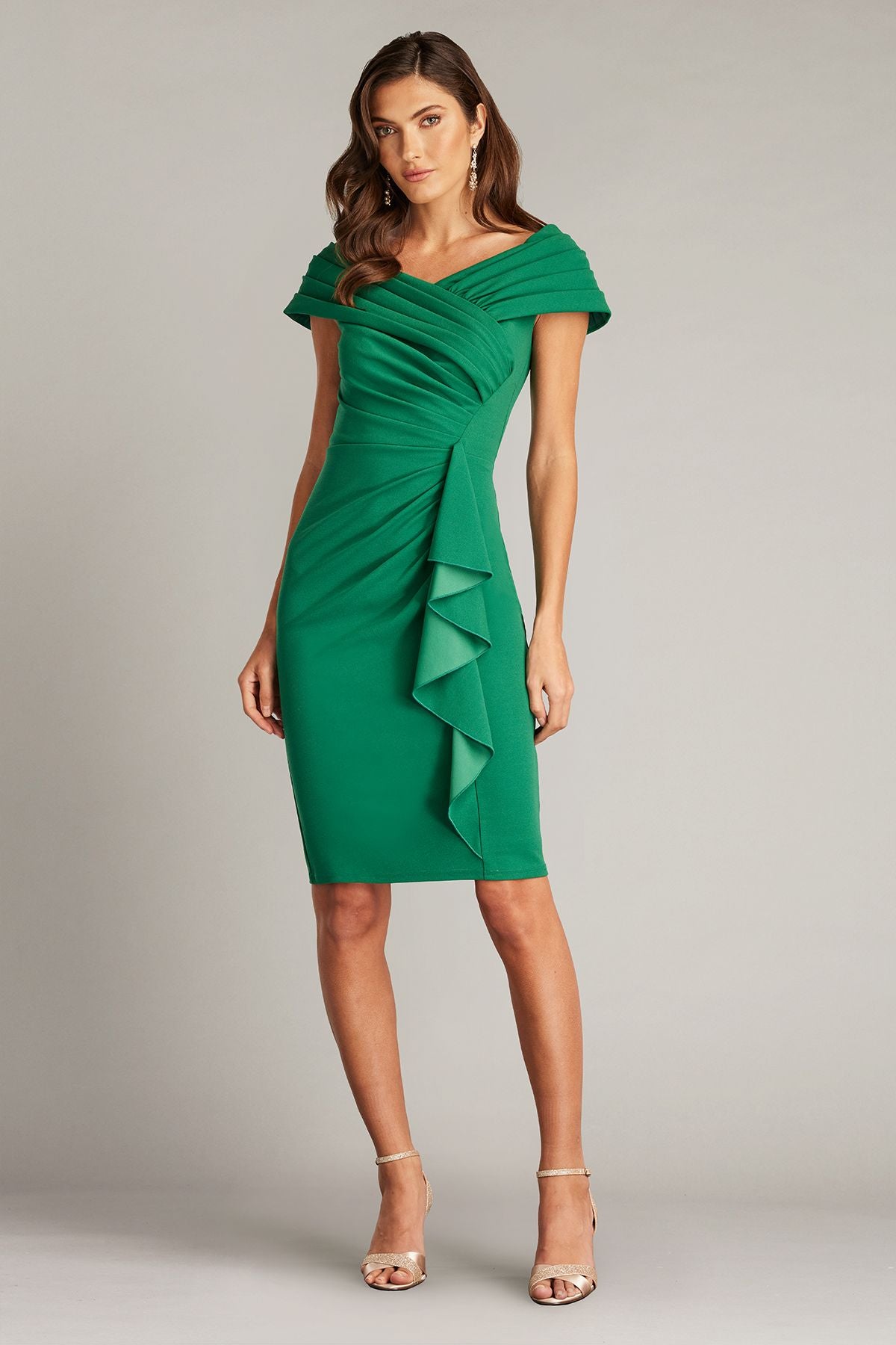 Tadashi Shoji BOS24448M Waterfall Flounce Dress - Elegant knee-length off-shoulder formal dress with ruching and side waterfall flounce, perfect for evening events.