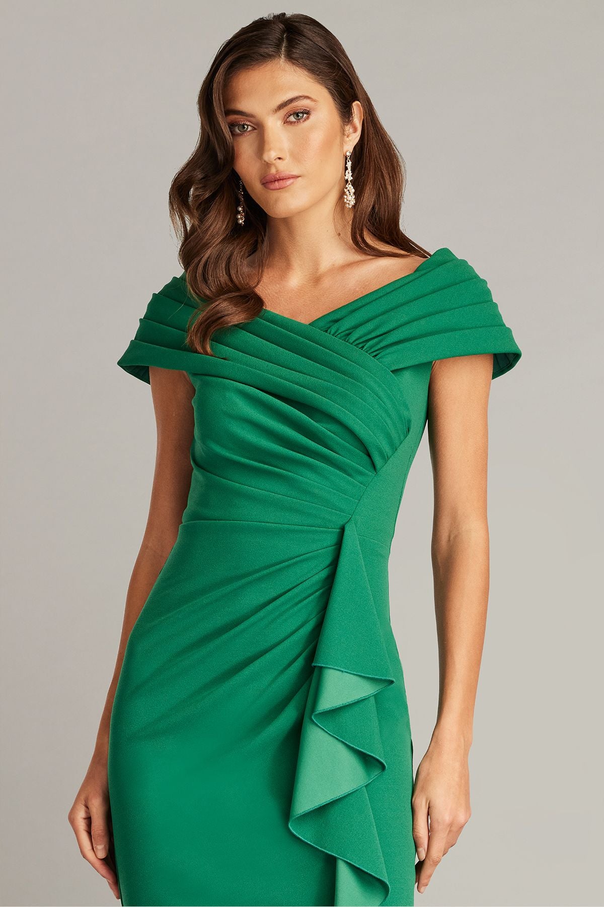 Tadashi Shoji BOS24448M Waterfall Flounce Dress - Elegant knee-length off-shoulder formal dress with ruching and side waterfall flounce, perfect for evening events.