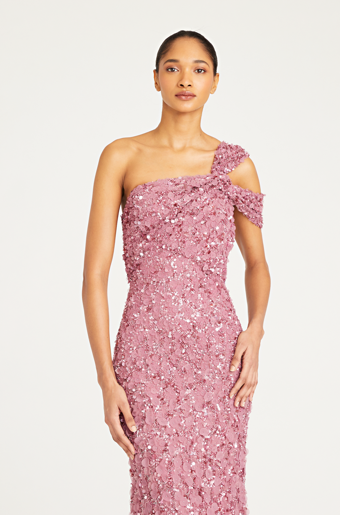 Theia 8819883 One-Shoulder Beaded Gown, a stunning gown featuring intricate beadwork and 3D flower petals, ideal for special occasions and mothers of the bride or groom.