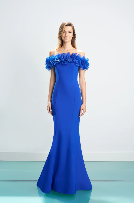 Alexander by Daymor 1461 Navy White Off-Shoulder Evening Gown - A stunning gown with an off-shoulder neckline, white ruffles, fitted bodice, and floor-length skirt with a subtle train.