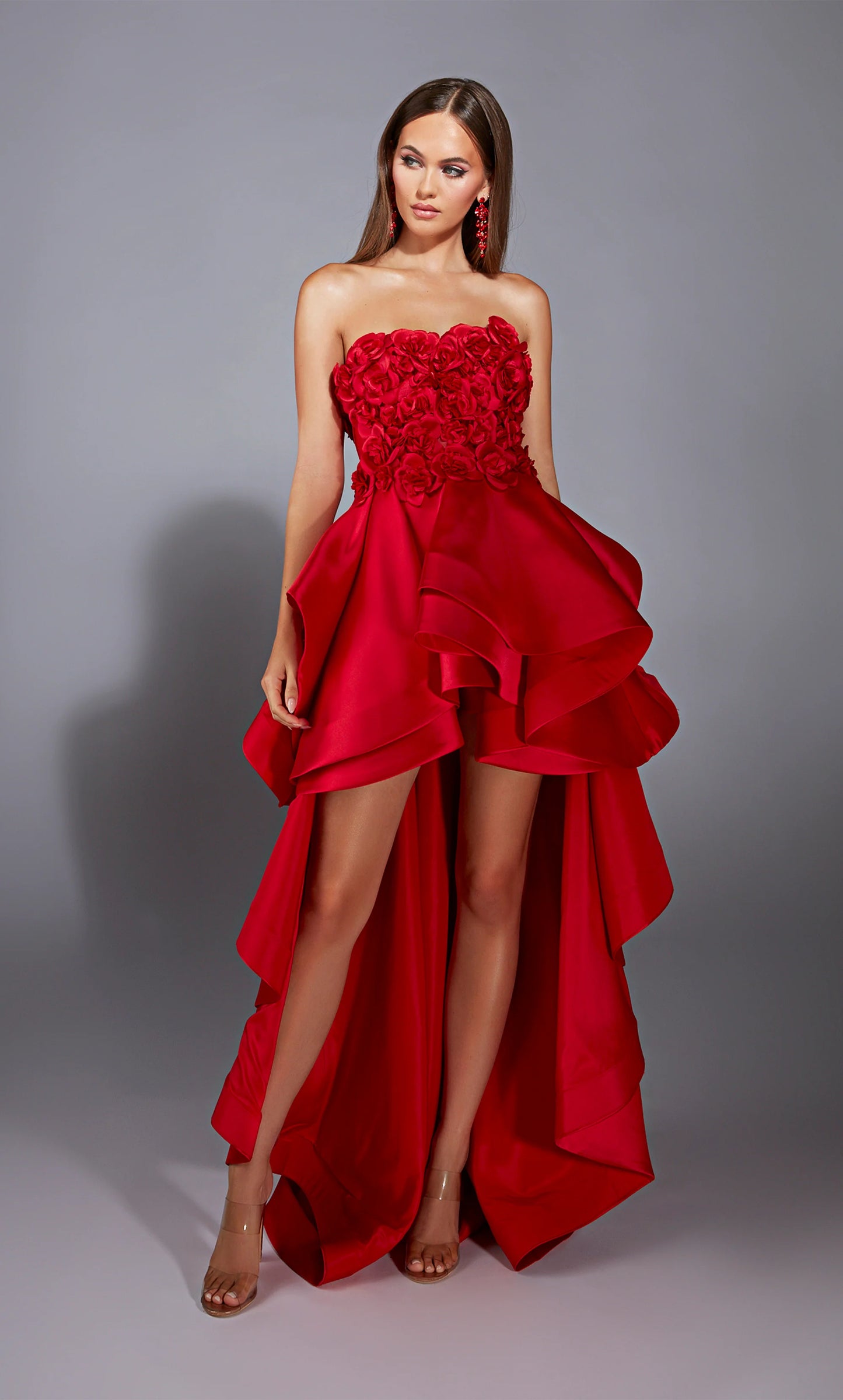 Alyce Paris 61829 high-low strapless gown featuring a 3D floral corset and cascading ruffle layers.
