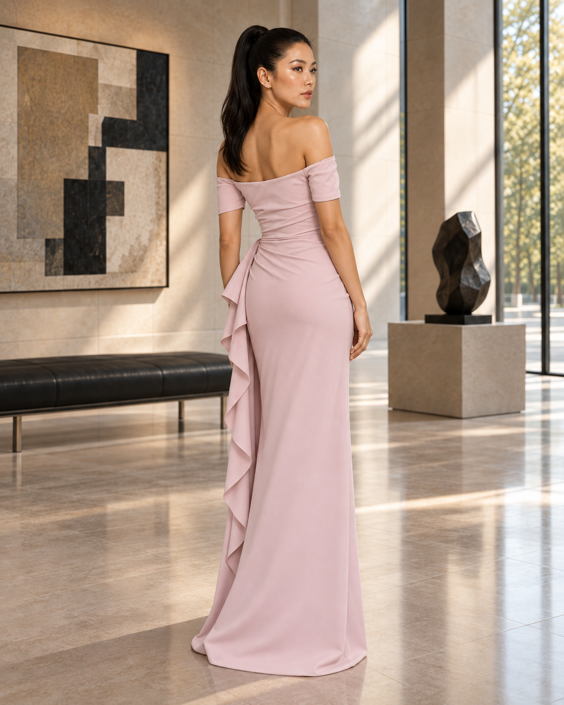 A woman modeling a floor-length off-the-shoulder gown in a softly blush pink color, standing in a modern, sunlit gallery with abstract wall art and sculptures.