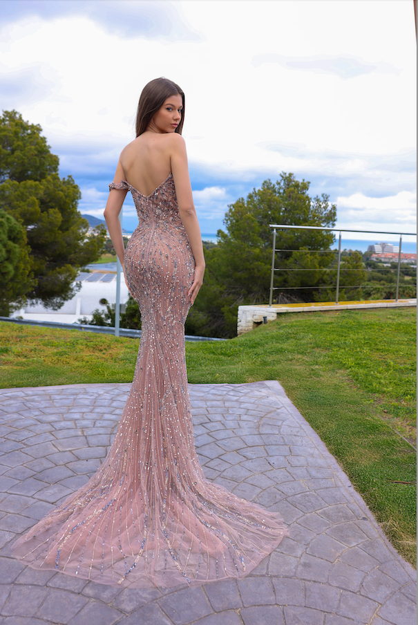 Chic&Holland HF110401 off-shoulder beaded gown with sheer train, adorned with intricate embellishments, perfect for formal evening events, red carpet, and pageants.