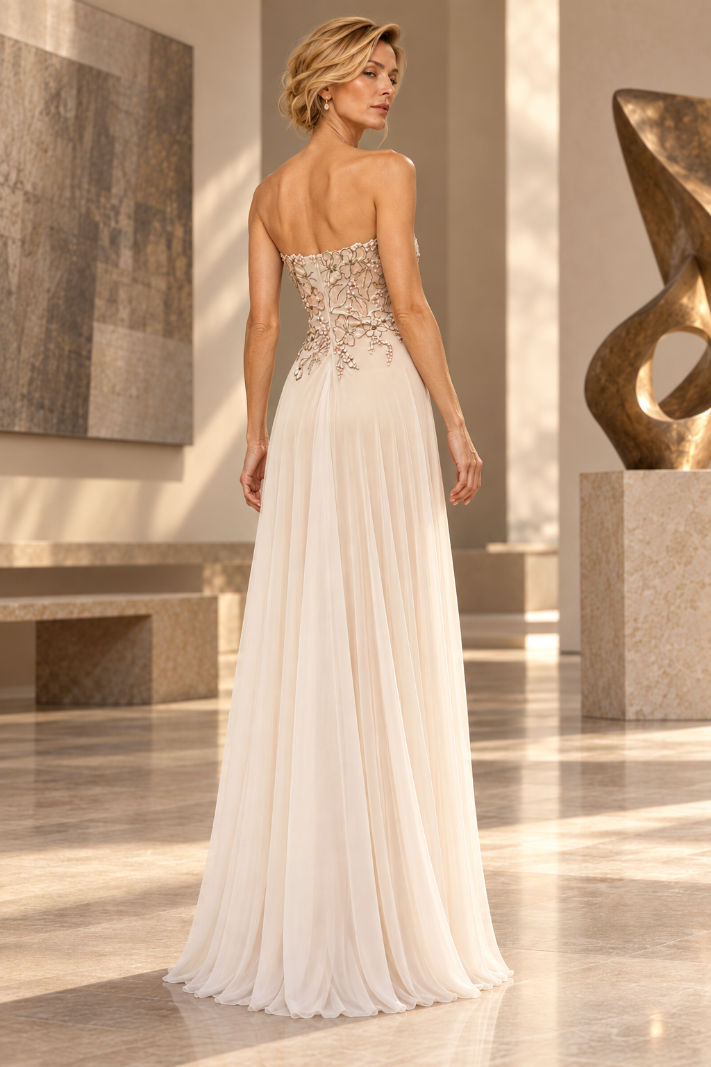A woman stands in a sunlit indoor showroom wearing a strapless floor-length gown shown from the back. The dress has a fitted embellished bodice in a warm ivory/champagne tone and a flowing chiffon-like skirt.