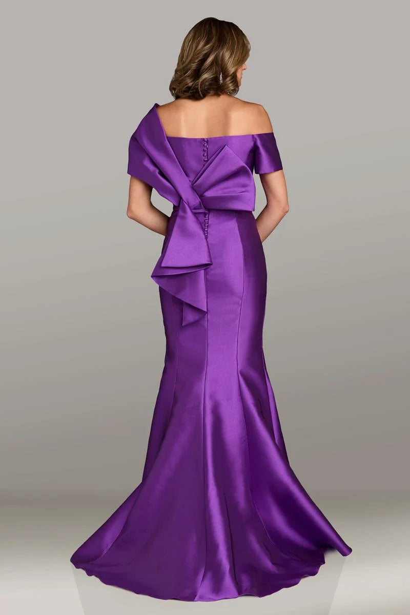 Gia Franco 12508 off-shoulder satin gown in purple with oversized bow back, fit-and-flare silhouette, perfect for formal evenings and mother of the bride or groom.