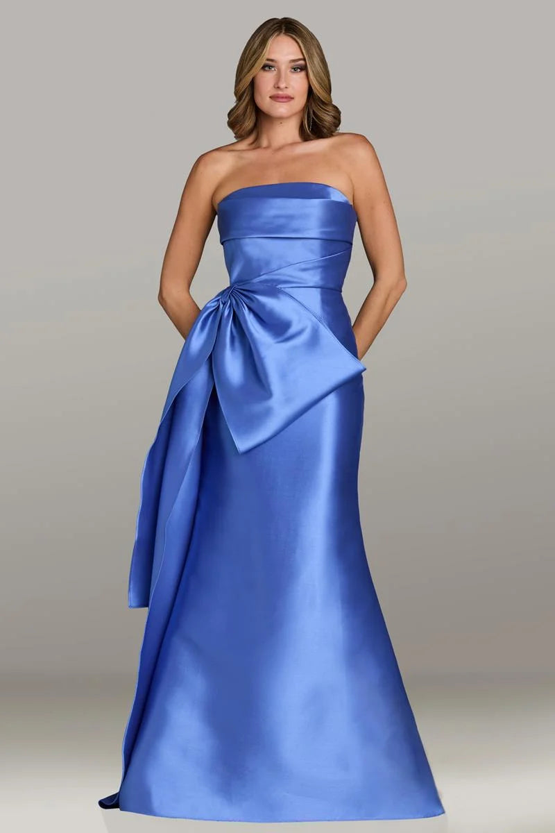 Gia Franco 12534 strapless gown in blue featuring an oversized bow accent, perfect for formal evenings and mother of the bride or groom. Front view.