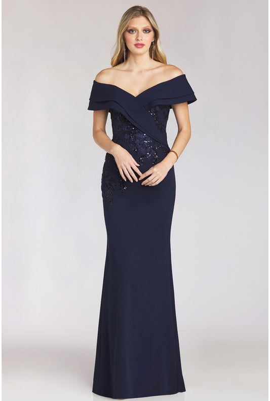 Gia Franco 12979 Off-The-Shoulder Crepe Mermaid Evening Dress - An exquisite gown featuring an off-the-shoulder neckline, floral embroidered bodice, and mermaid silhouette for elegance and style.