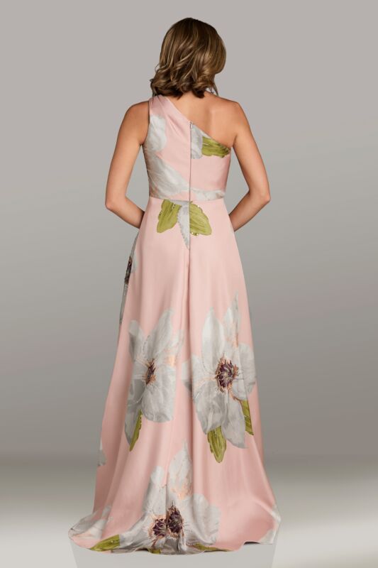 Model wearing Gia Franco 18544 one-shoulder floral A-line gown with ruched waist detail.