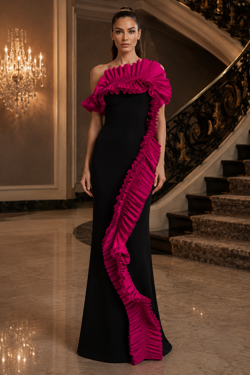 A woman models a floor-length black evening gown with dramatic bright pink ruffled trim, standing in an elegant interior with a staircase and chandelier in the background.