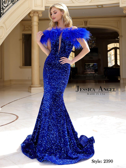 Jessica Angel 2390 Feather Embellished Off-Shoulder Evening/Prom Dress - A stunning gown featuring luxurious feather embellishments, off-shoulder design, open back, velvet sequins, illusion-inset, and ruched back for opulence and glamour.