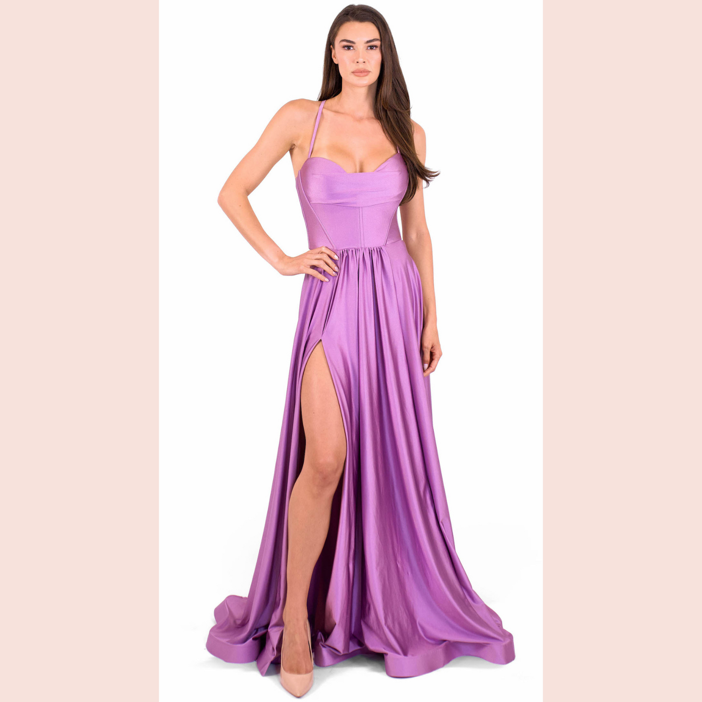 Jessica Angel 2556 High-Slit Prom Dress - A stunning prom gown with a sweetheart neckline, high slit, fitted bodice, and crisscross lace-up back for an elegant look.