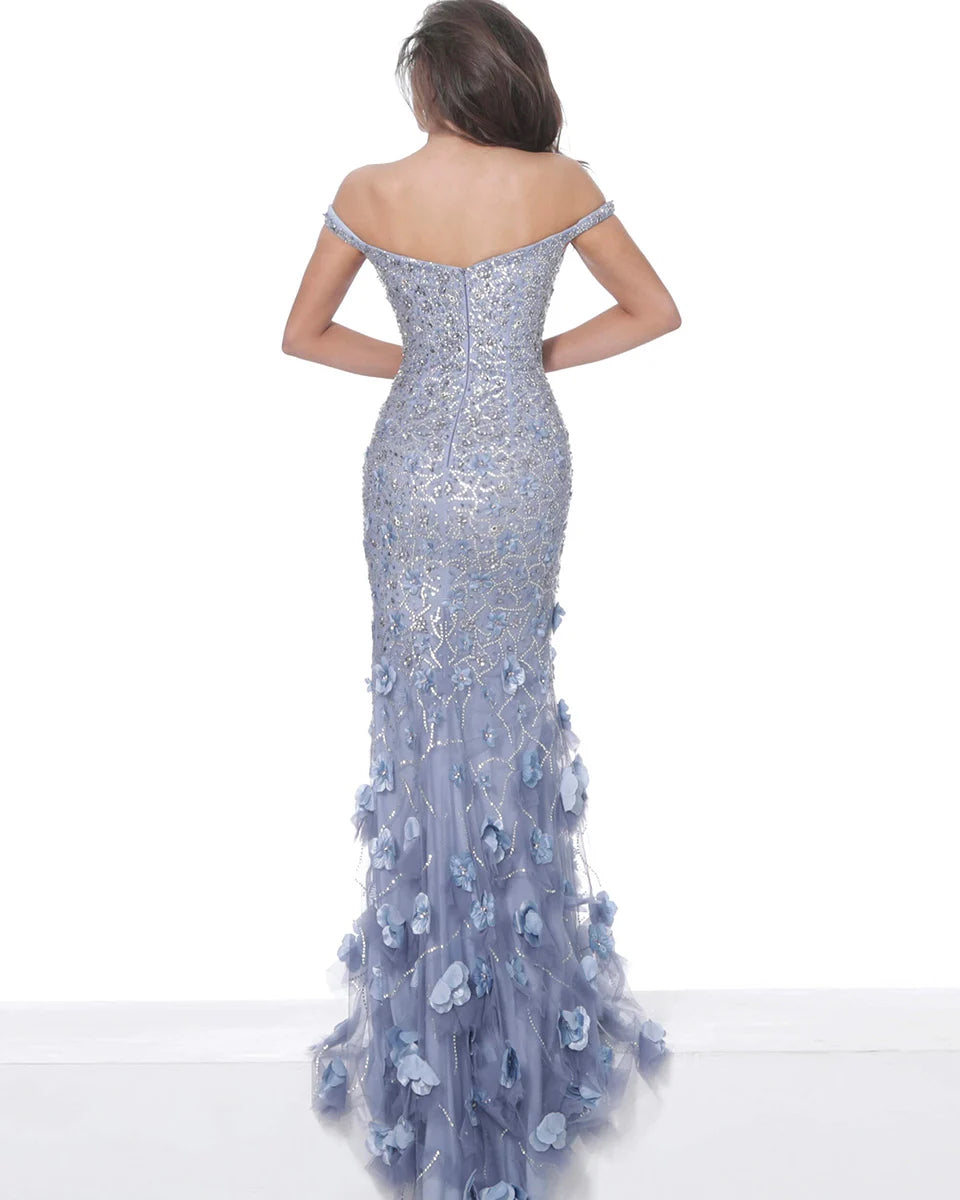 JOVANI - 03191 - Violet Floral Appliques Plunging Neck Dress