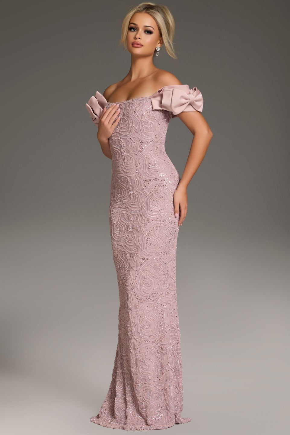 Jovani 38112 Off-the-Shoulder Ruffled Sleeve Evening Gown featuring intricate embellishments and a fitted silhouette for a formal, elegant look.