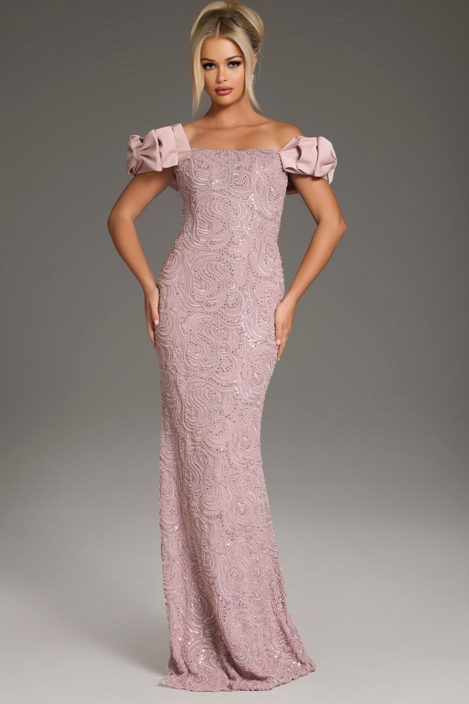 Jovani 38112 Off-the-Shoulder Ruffled Sleeve Evening Gown featuring intricate embellishments and a fitted silhouette for a formal, elegant look.