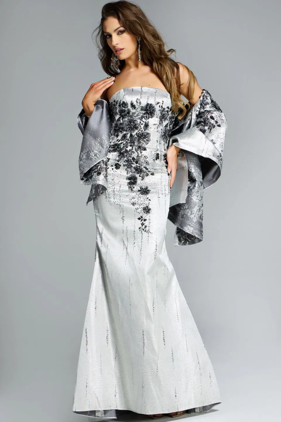 Jovani 40166 black and silver formal gown with matching shawl and intricate detailing, perfect for formal occasions or mother of the bride or groom events.