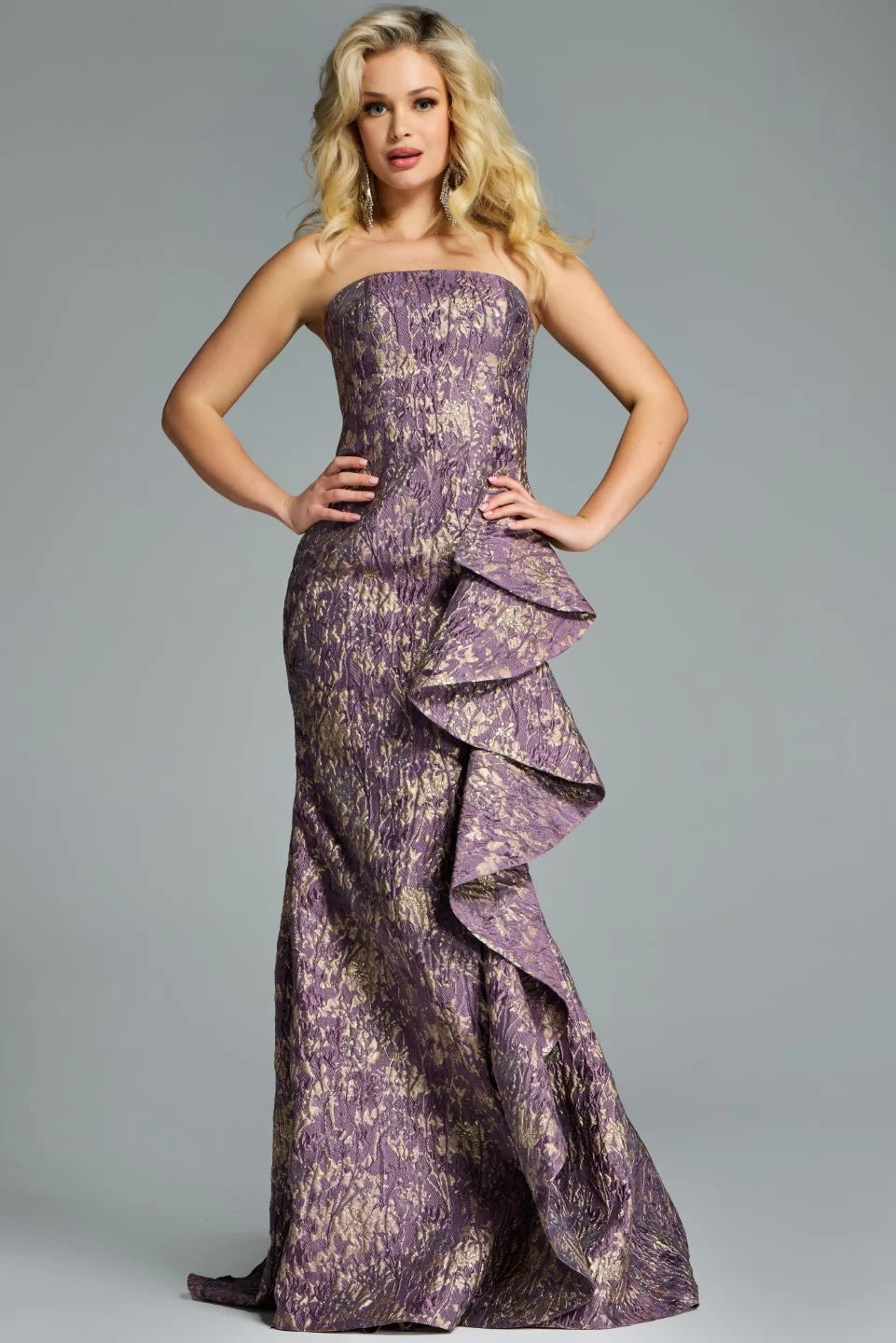 Jovani 41134 strapless mermaid jacquard gown in purple with cascading ruffle detail, perfect for formal evening and mother of the bride or groom occasions.