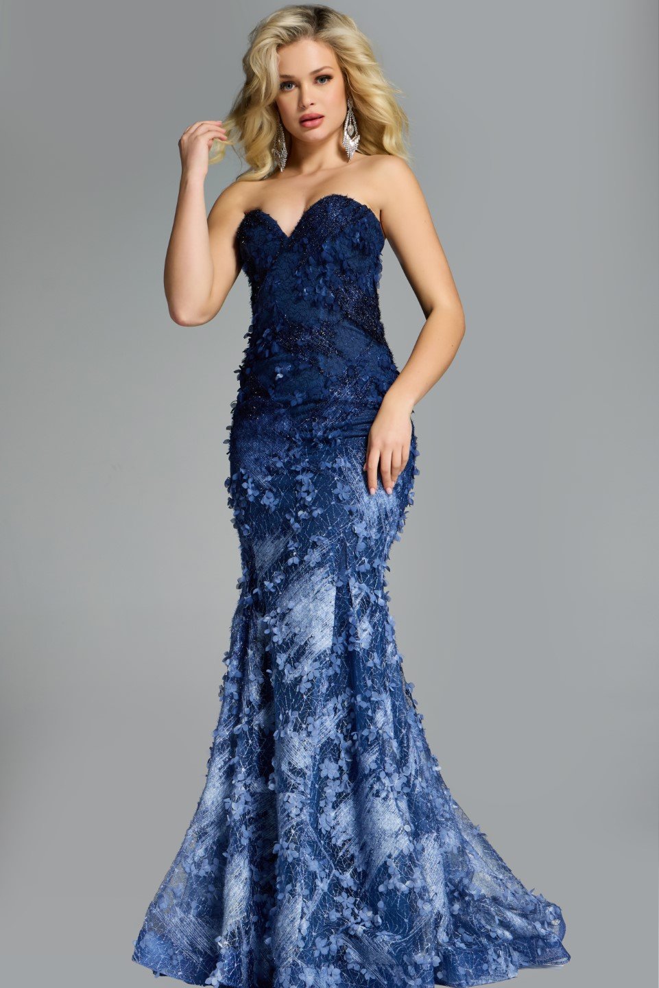 Jovani 42740 denim mermaid gown with floral appliqué, sweetheart neckline, and fitted silhouette, perfect for formal evenings and mother of the bride or groom.