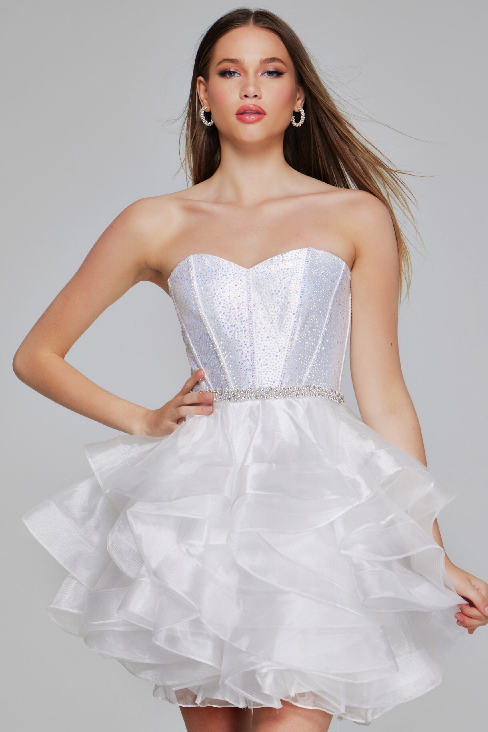 Jovani K39311 Off-White Strapless Ruffle Mini Dress Featuring a Sweetheart Neckline and Voluminous Skirt.