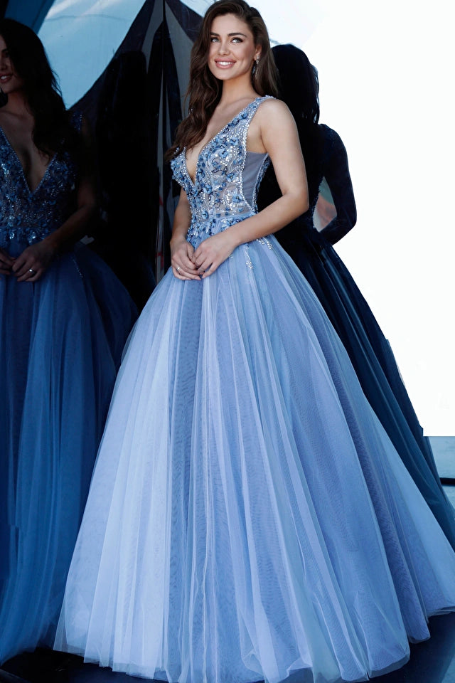 Jovani 3110 - A stunning blue tulle ballgown with a sleeveless sheer bodice adorned with floral appliques and beads, perfect for Quinceanera, party events, and prom.