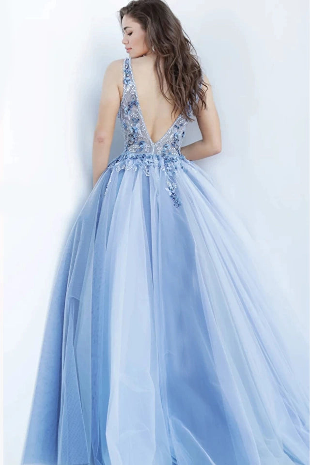 Jovani 3110 - A stunning blue tulle ballgown with a sleeveless sheer bodice adorned with floral appliques and beads, perfect for Quinceanera, party events, and prom.