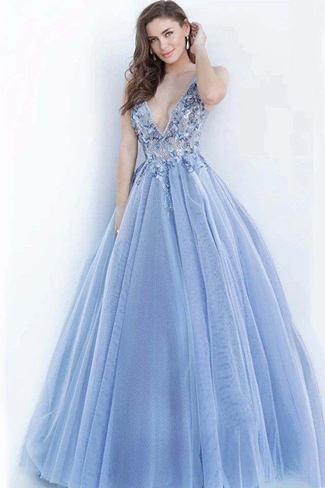 Jovani 3110 - A stunning blue tulle ballgown with a sleeveless sheer bodice adorned with floral appliques and beads, perfect for Quinceanera, party events, and prom.
