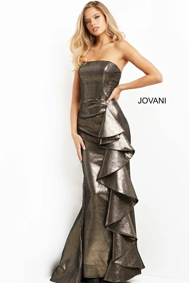 Jovani 07582 Mermaid Trumpet Evening Dress with Ruffled Side and Train