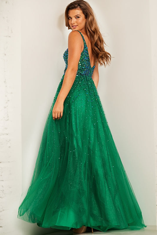 A luxurious embellished A-line prom dress with high slit and V neckline, perfect for prom night.