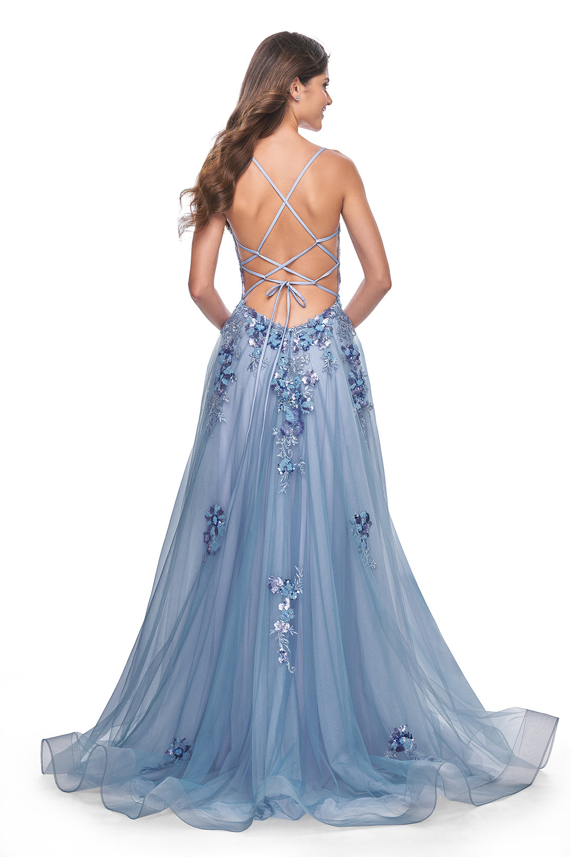 La Femme 32057 Enchanting Two-Tone A-Line Tulle Evening Gown - A captivating two-tone gown with beaded sequin applique, illusion waist, and exposed boning for an ethereal and modern look.