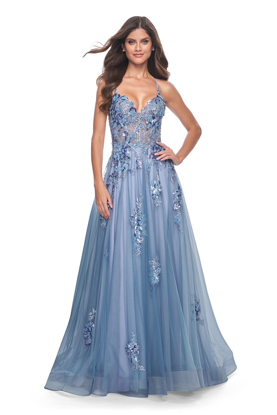 La Femme 32057 Enchanting Two-Tone A-Line Tulle Evening Gown - A captivating two-tone gown with beaded sequin applique, illusion waist, and exposed boning for an ethereal and modern look.