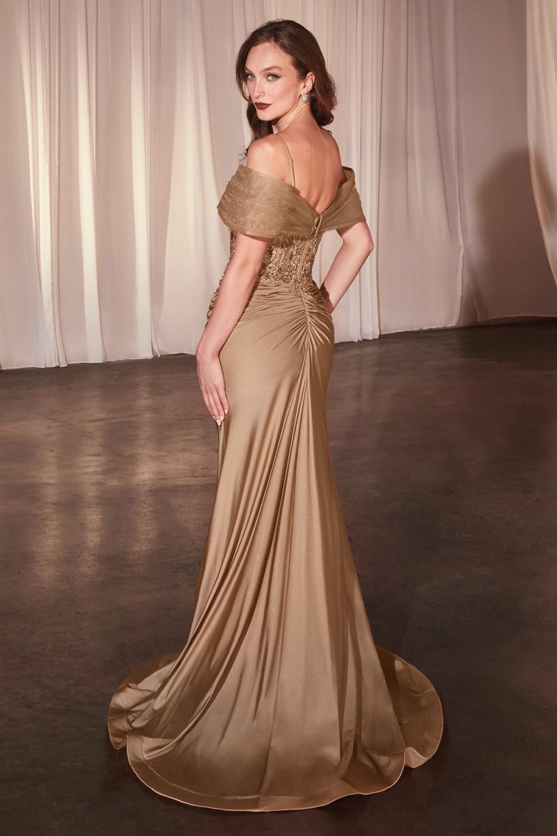 Ladivine CD798 Fitted Satin & Lace Gown - Elegant formal evening gown with off-the-shoulder accessory, satin, and lace detailing.