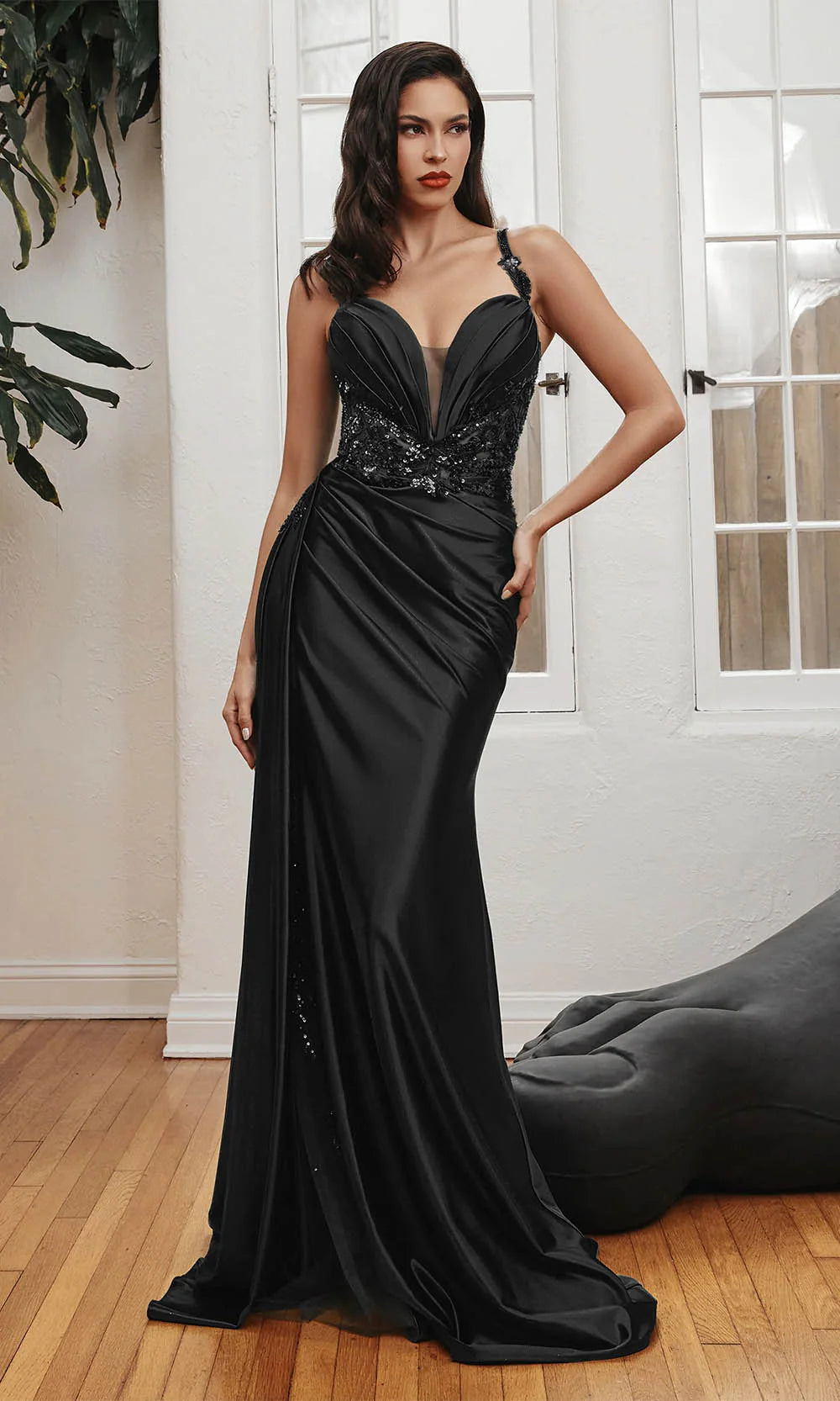 Ladivine CDS417 Embellished Fitted Evening Dress - Fitted silhouette with lace-embellished waistline, pleated bust, and beaded sheer leg slit.  Model is wearing the dress in black.