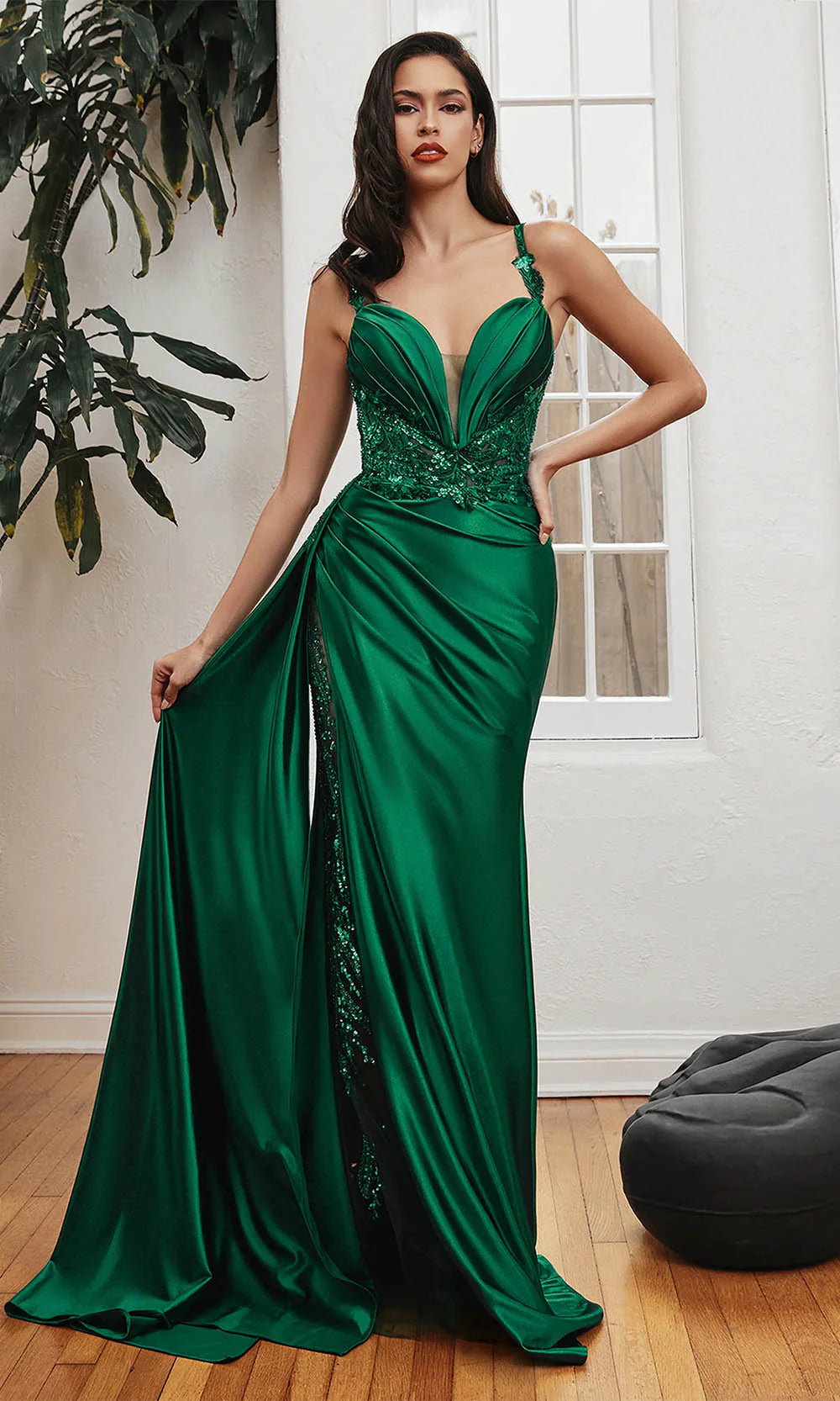 Ladivine CDS417 Embellished Fitted Evening Dress - Fitted silhouette with lace-embellished waistline, pleated bust, and beaded sheer leg slit.  Model is wearing the dress in emerald.