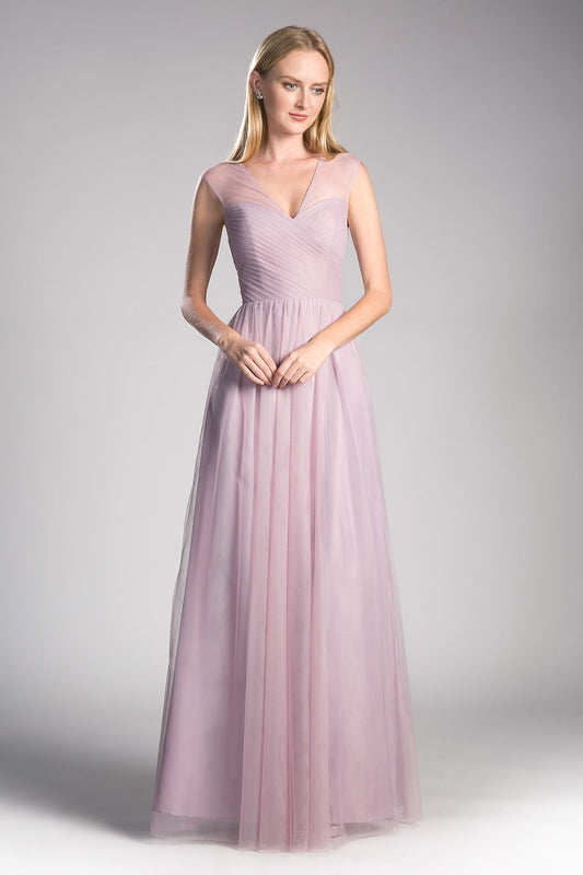 Ladivine ET320 A-Line Tulle Evening Dress - An enchanting gown with pleated bodice and illusion cap sleeves.