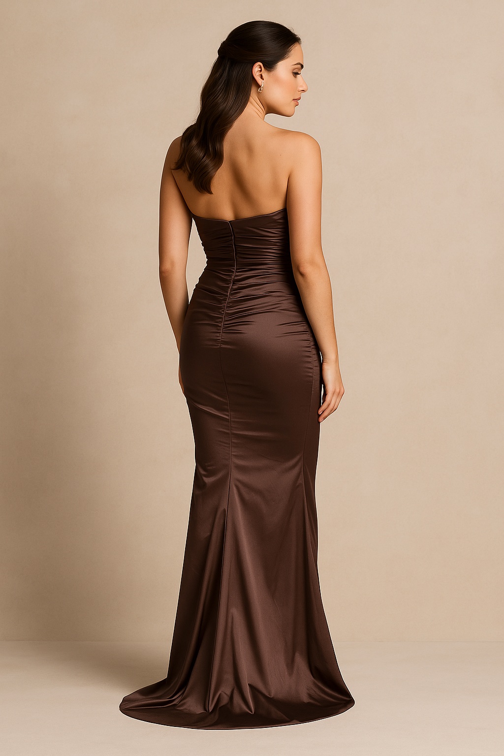 Model wearing Madeline's Ava strapless satin gown with ruched bodice, shown in front and back view.