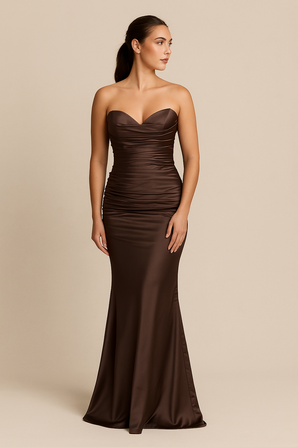 Model wearing Madeline's Ava strapless satin gown with ruched bodice, shown in front and back view.