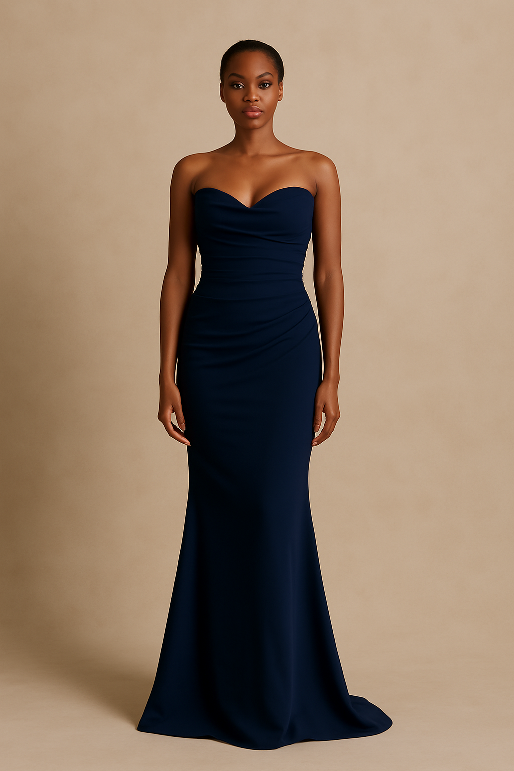Model wearing Madeline's Ava strapless satin gown with ruched bodice, shown in front view.
