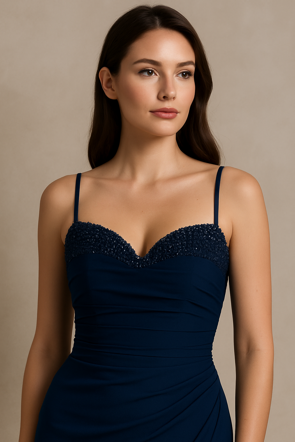 Model wearing the Madeline’s Bella gown with beaded bodice, spaghetti straps, and ruched fitted skirt in navy and emerald green.